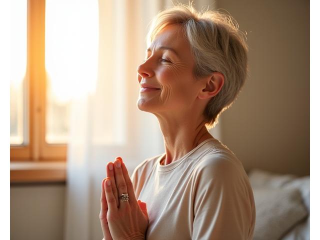 A serene woman practicing gentle yoga in a sunlit room, symbolizing calm and comfortable menopause management.